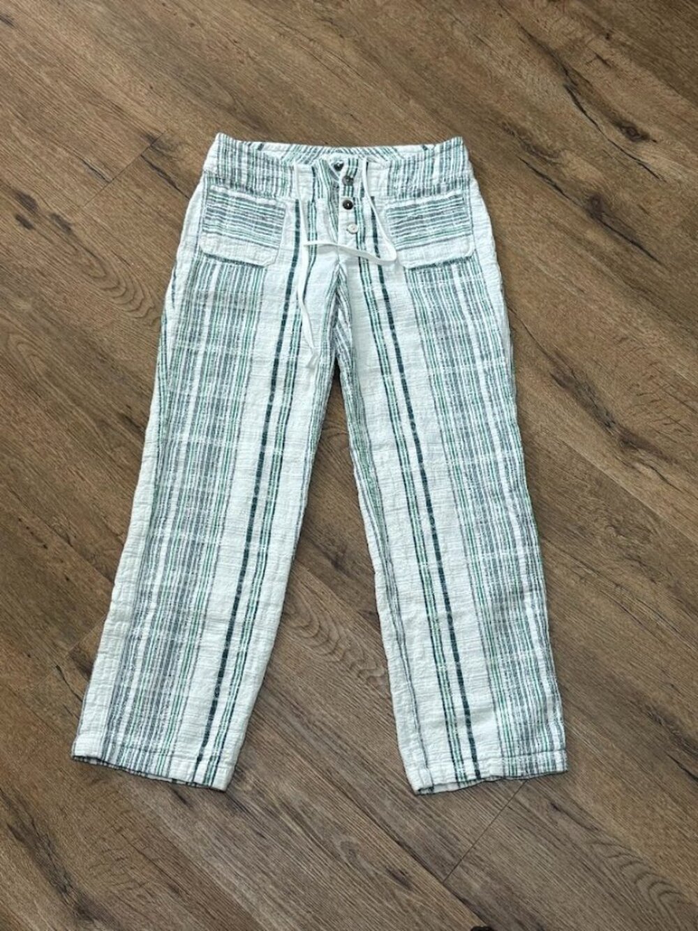 Sundance Catalog Striped Cotton Cropped Pants PXS Petite White Teal